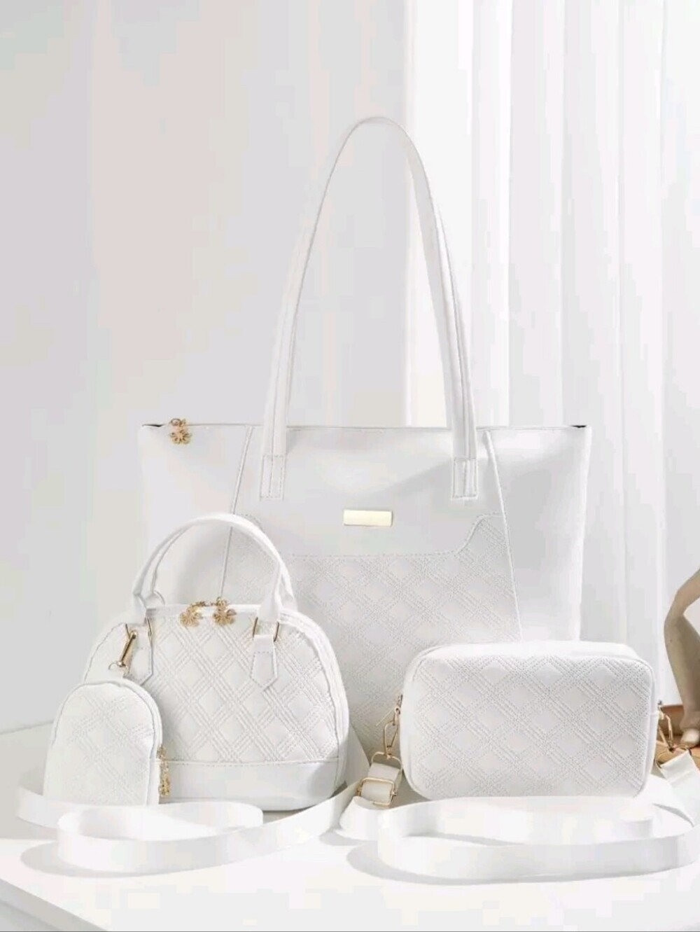 White Women’s 4-Piece Bag Set - Elegant Quilted Carry Collection